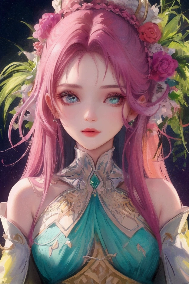 close-up of a woman with pink hair and flowers, detailed digital anime art, intricate ornate cgi style anime, 8k high quality detailed graphics, Highly detailed 4k digital art, Detailed 4K digital art, Beeple and Jeremiah Ketner, anime fantasy illustration, anime style 4k, Stylized anime, anime art wallpaper 4k, Anime art wallpaper 4K