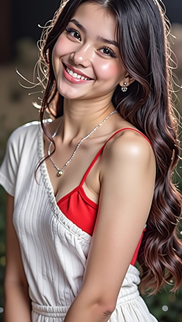 masutepiece, Best Quality, 8K, , Teen, Raw ph award winning portrait, Smile, Smile, Solo, Night, neons, Idol face, violaceaess, gardeniass, Delicate girl, Upper body, Digital SLR, Looking at Viewer, Candid, Sophisticated, zora々Right, Thin arms, Professional Lighting, Film grain, chromatic abberation, (Eyes and faces with detailed:1.0), (Bokeh:1.1)