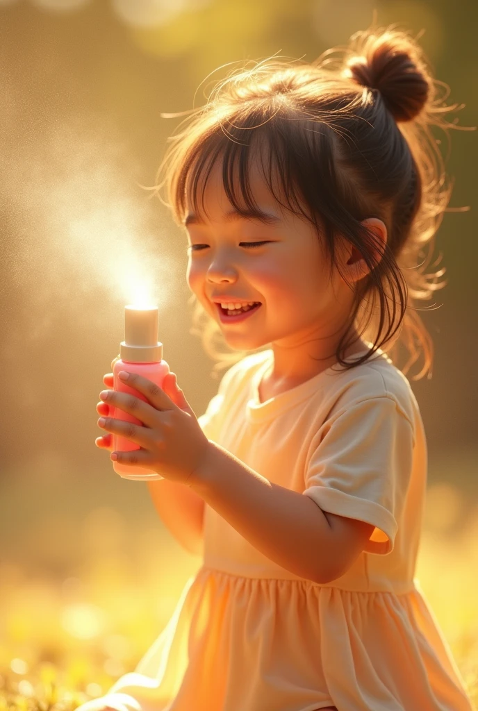 A picture of a young girl holding a spray bottle and spraying it on her face. She closes her eyes and smiles slightly, expressing her freshness.