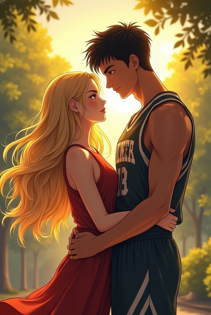 Couple a blonde girl and a strong black-haired boy who is a basketball player