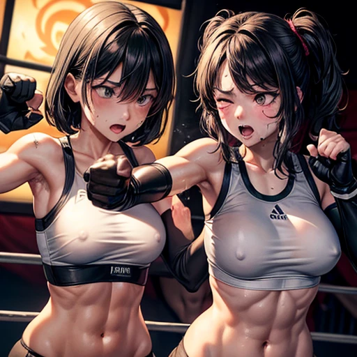 punch, punch, punch. life or death struggle. survival battle. dynamic exciting action in the octagon ring. whole body picture. two bloody beautiful Japanese high school student girl fighters are looking at each eyes. they are beating each other so hard. Their fists are hitting opponent's face. they are covered in scars and bruises. they are damaged terribry. Short-cut black hair, out of breath, drooling from mouth, one eye closed, exhausted, drenched in sweat. Erect nipples. open finger glove. sports-bra, high-leg panty. Stockings. armwarmers. Excellent proportion body.