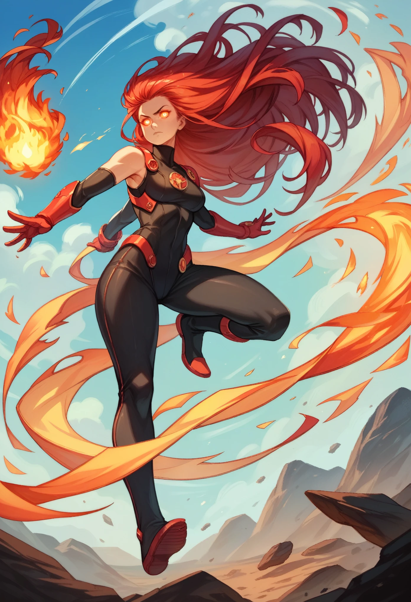 One woman, Rihanna, 20 years old, detailed face, mid breasts, white and black superheroine suit, sleeveless, full body, red hair, long hair, fire hair, surrounded by flames, fire, glowing eyes, levitating in the sky,