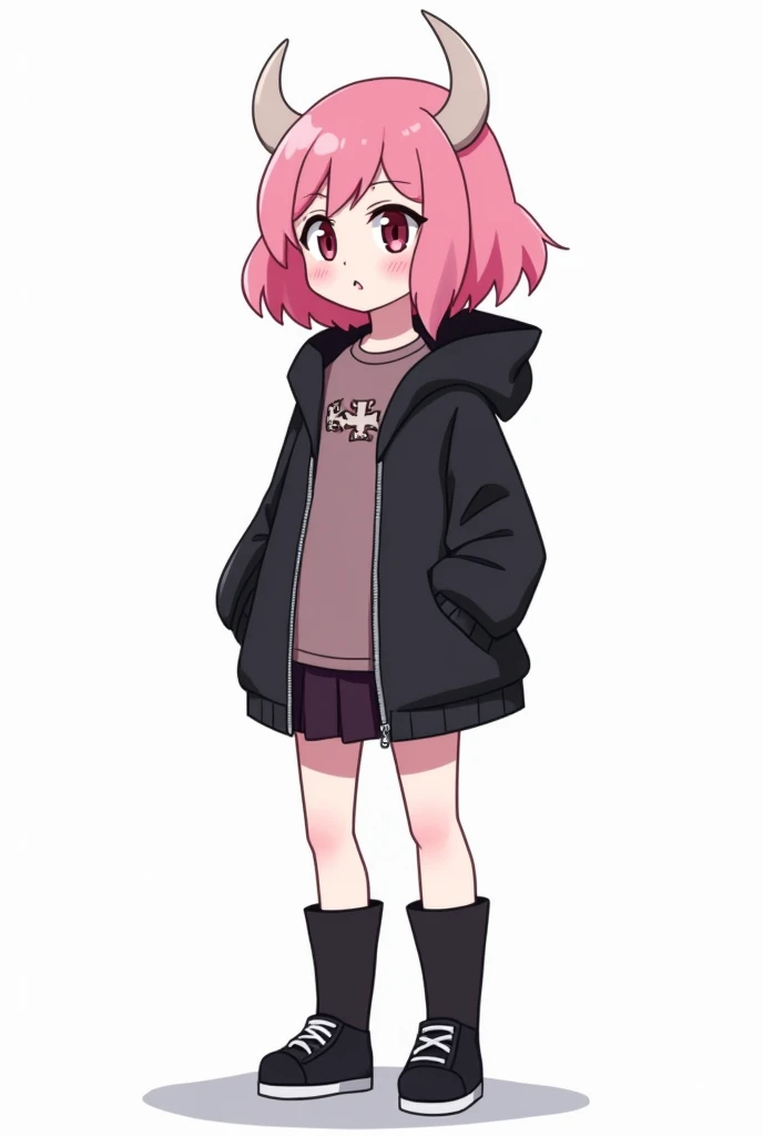 Dark Simple Serious Art, character front full body standing, just the character in the image, grown-up, plain white background, pop star girl, pink hair, Bullish