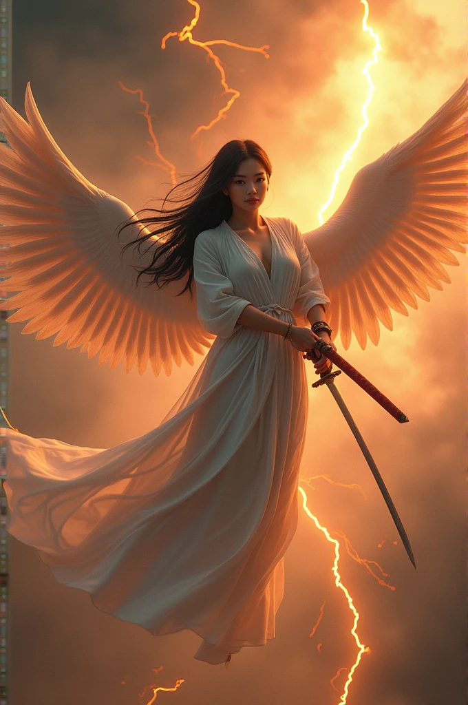 Create a very realistic image of a beautiful young Asian woman in a black cloak jacket. Wings glowing in the dark, flying pose carrying a samurai. Above it is written "Khilaf" in 3D cursive font, orange background, ultra HD, reflections of lightning and white smoke enveloping.