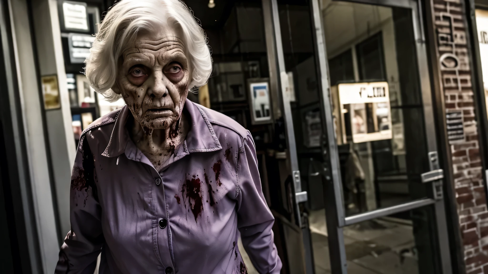 zombie white 78 year old woman with a very scary looking eyes walking the street trying to break in people stores

