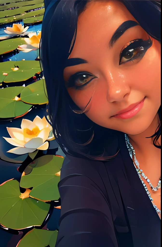 Superb Quality, Masterpiece, High Resolution, 1Girl, Blush, (Seductive Smile: 0.8), Star Pupil, Hair Accessories, Necklace, Jewelry, Beauty, on_body, Tyndall Effect, Realism, Lotus Pond, Light Edge, Two-tone Lighting, (High Detail Skin: 1.2), 8K UHD, DSLR, Soft Light, High Quality, Volume Lighting, Candid Photo, High Resolution, 4K, 8K, Background Bokeh