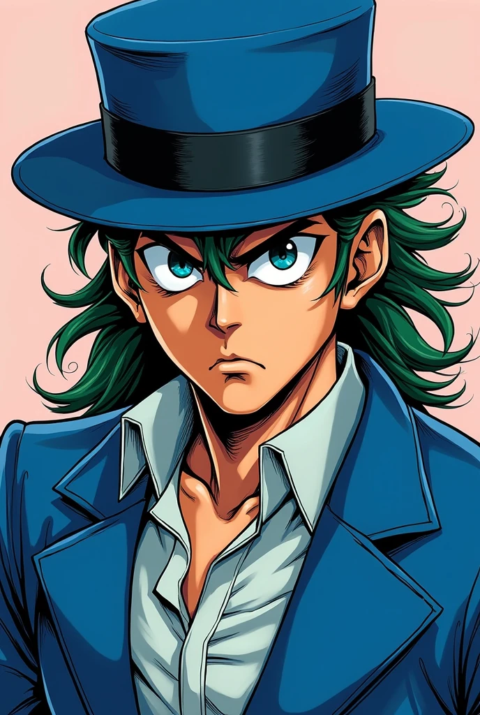 An anime character wearing a blue hat and a blue jacket, Joseph Joestar, jotaro kujo, Jojo anime style, jotaro, Becoming a JoJo character, In Jojo\The Bizarre Adventure of, Ninja scroll anime style, an angry muscular army general, Kentaro Miura&#39;s Manga Art Style, ＪＪＢＡ, Joe Biden as a JoJo character, striking manga artstyle