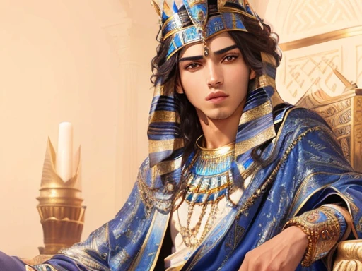 Arafid man in blue robe and headdress sitting on chair, wear the Egyptian crown, handsome prince of persia, Egyptian clothing, Brown skinned man, Egyptian Prince, Egyptian clothing, одежда Pharaohа, Awan Jogia Angel, Very cute, attractive and beautiful, Black Emma Watson as Egyptian, handsome, very attractive and beautiful, Pharaoh