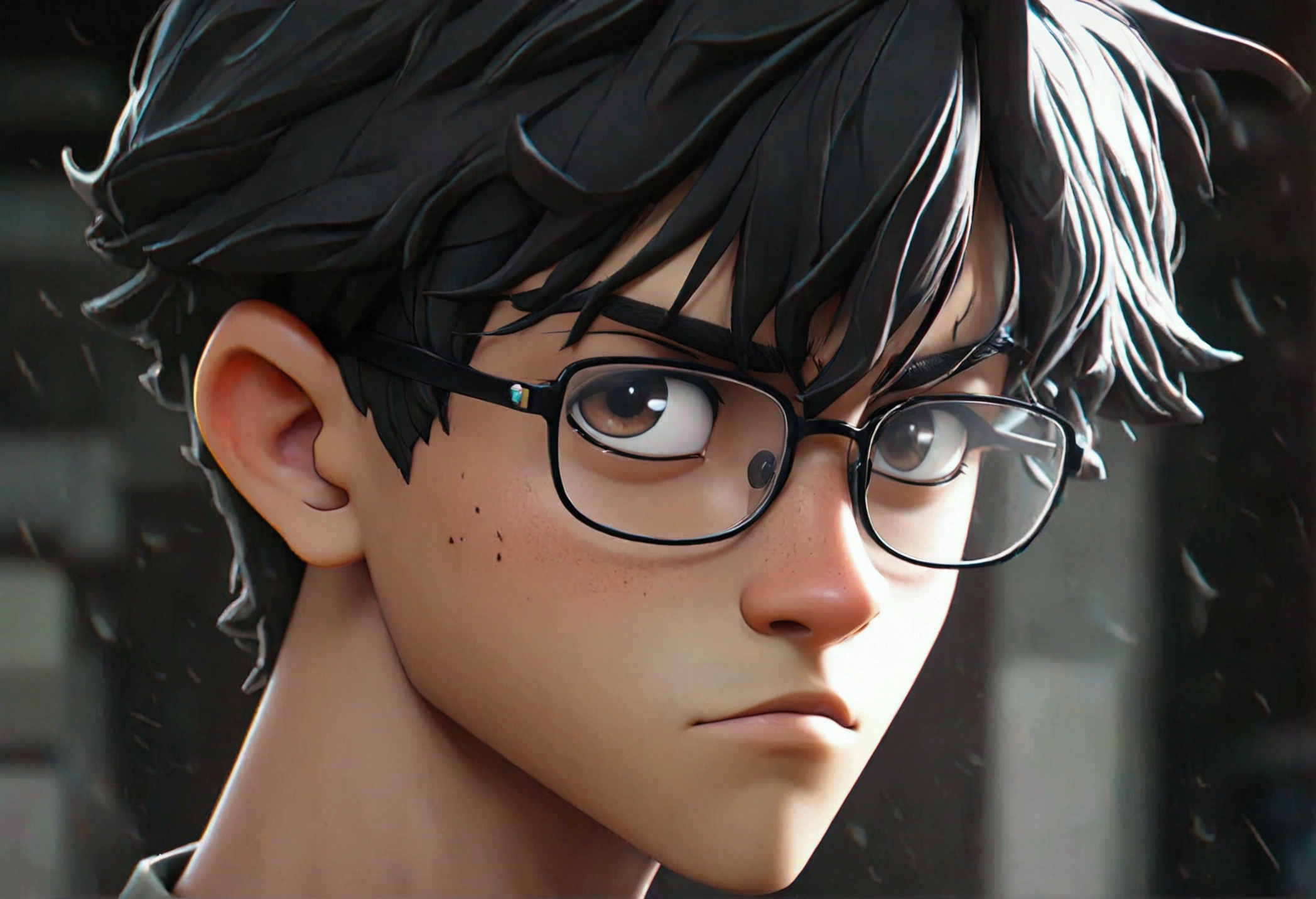 Black tone skin anime boy with glasses