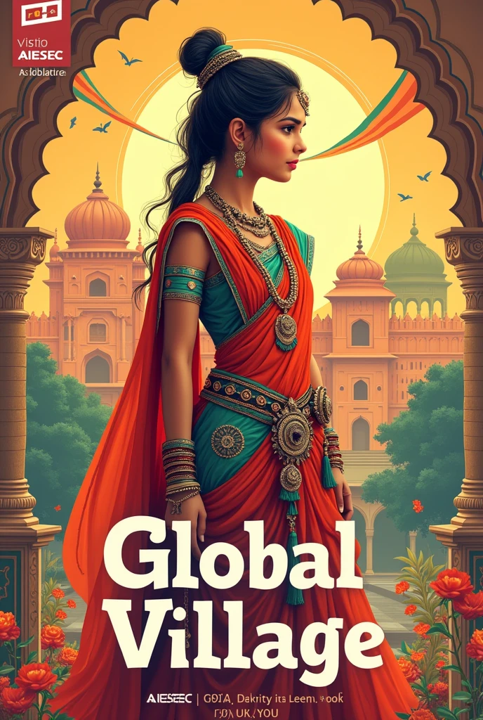 Make a poster advertising and attracting people for the event " global village" conducted bye AIESEC in jaipur. Venue - Jawahar kala kendra date is 8/9/24 , theme of the poster should be indian independence day with showcasing of Rajasthani culture