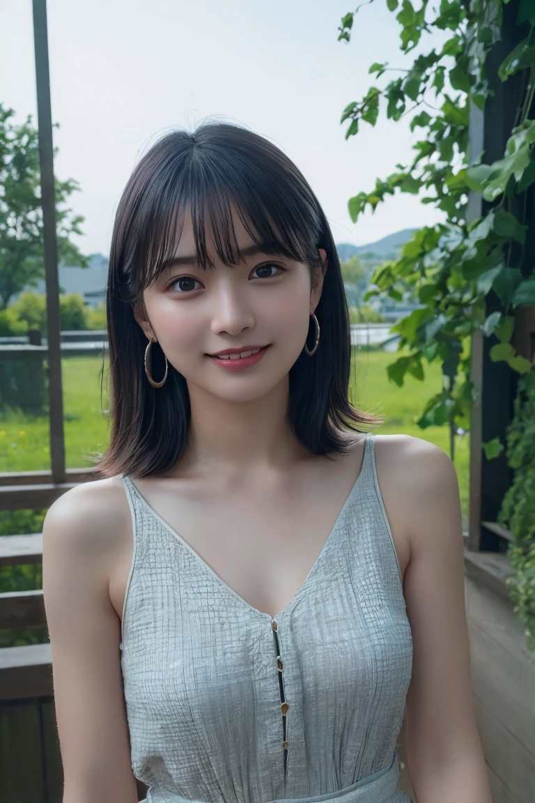 (Highest quality:1.4),(masterpiece:1.4),(Realistic:1.4),(Realistic:1.2),(超High resolution, RAW Photos:1.4),(High resolution, Very detailed:1.2),(8k:1.2),Movie Photos,Photographed in natural light, a photo of a dark-haired,One Girl,smile,Spring Clothes, Simple Earrings,alone,wear,((Upper Body:1.3))