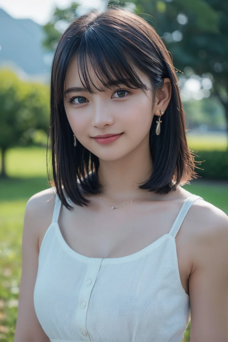 (Highest quality:1.4),(masterpiece:1.4),(Realistic:1.4),(Realistic:1.2),(超High resolution, RAW Photos:1.4),(High resolution, Very detailed:1.2),(8k:1.2),Movie Photos,Photographed in natural light, a photo of a dark-haired,One Girl,smile,Spring Clothes, Simple Earrings,alone,wear,((Upper Body:1.3))