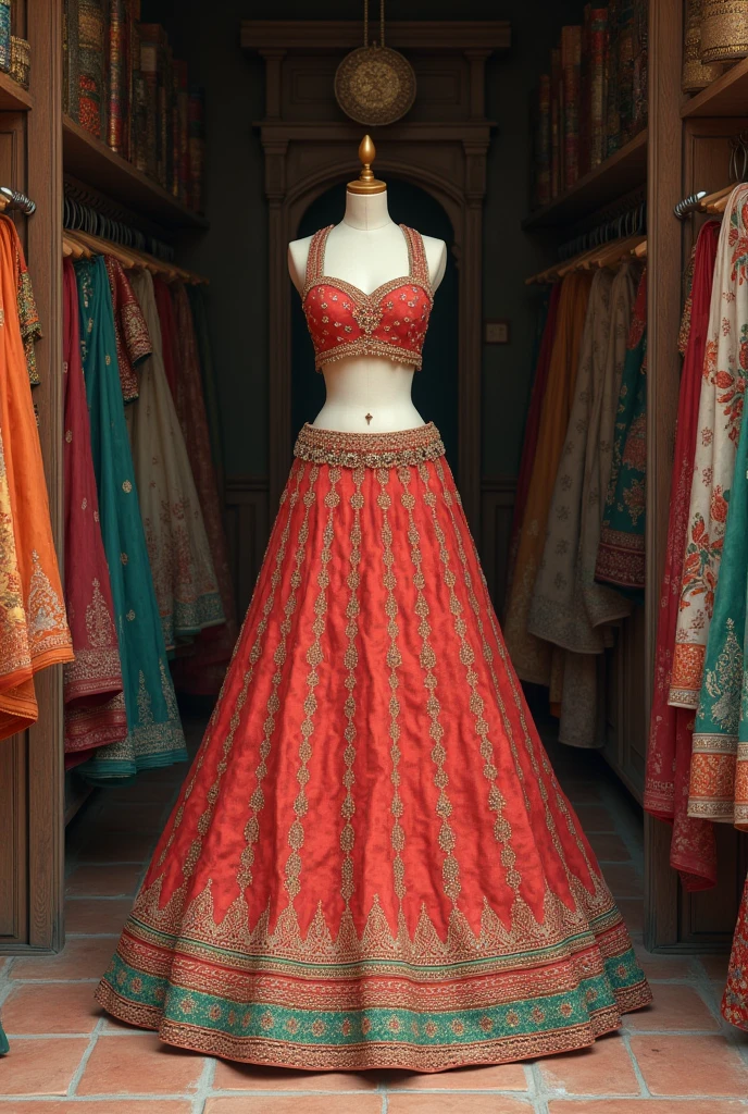 Lengha in a statue without head in a beautiful small saree shop