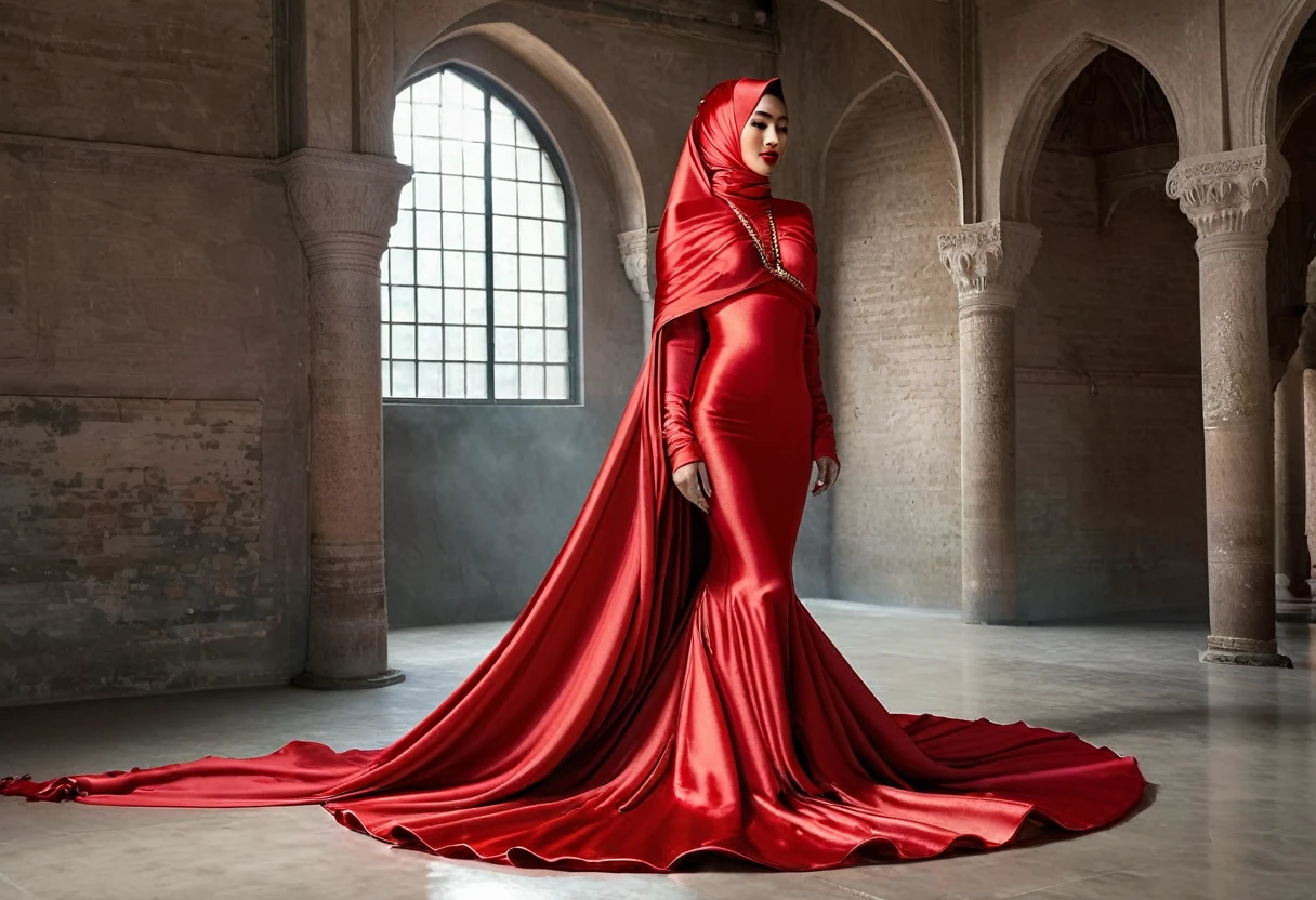 A woman shrouded in a 4-meter-long, plush red satin cloth, tightly bound and grandly draping along the form of her body, flowing off into a pooled floor-length train, styled in a mermaid-inspired outfit, her head modestly veiled in a satin hijab, a full-body pose conveying a sense of mysterious elegance, captured in a 4k resolution, ultra-realistic