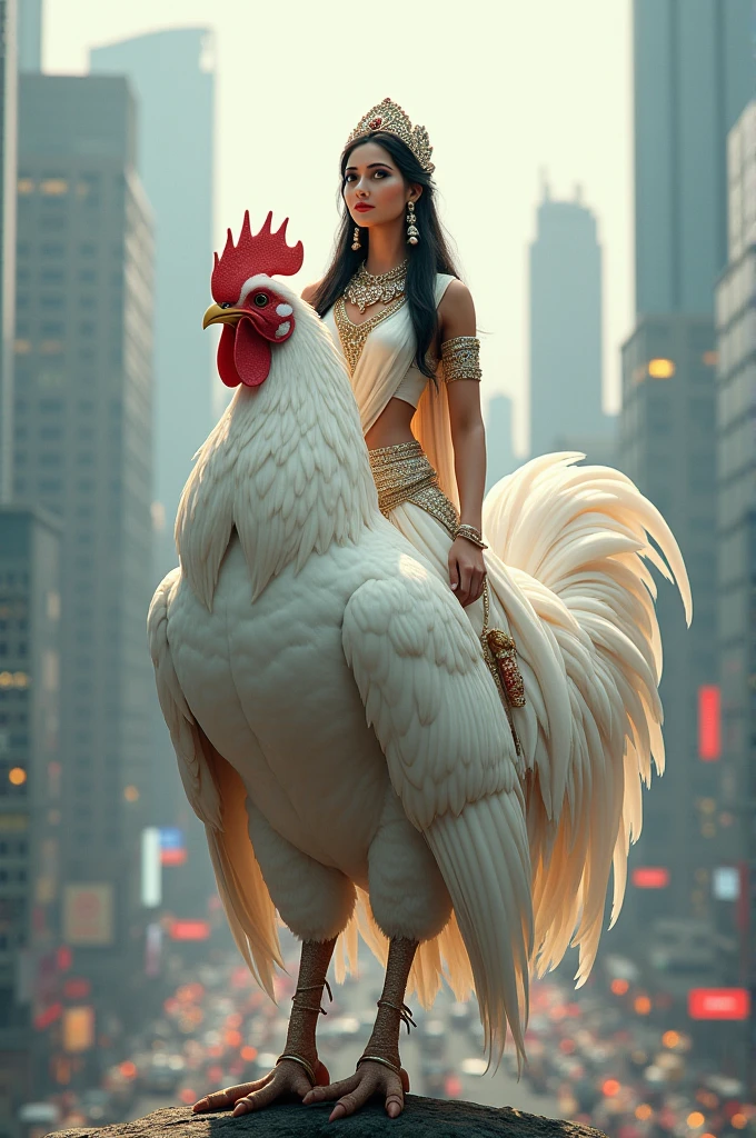A goddess sitting on a rooster and the background should be of a big city infinity and that goddess should be fully saree and full blouse costume 3D
