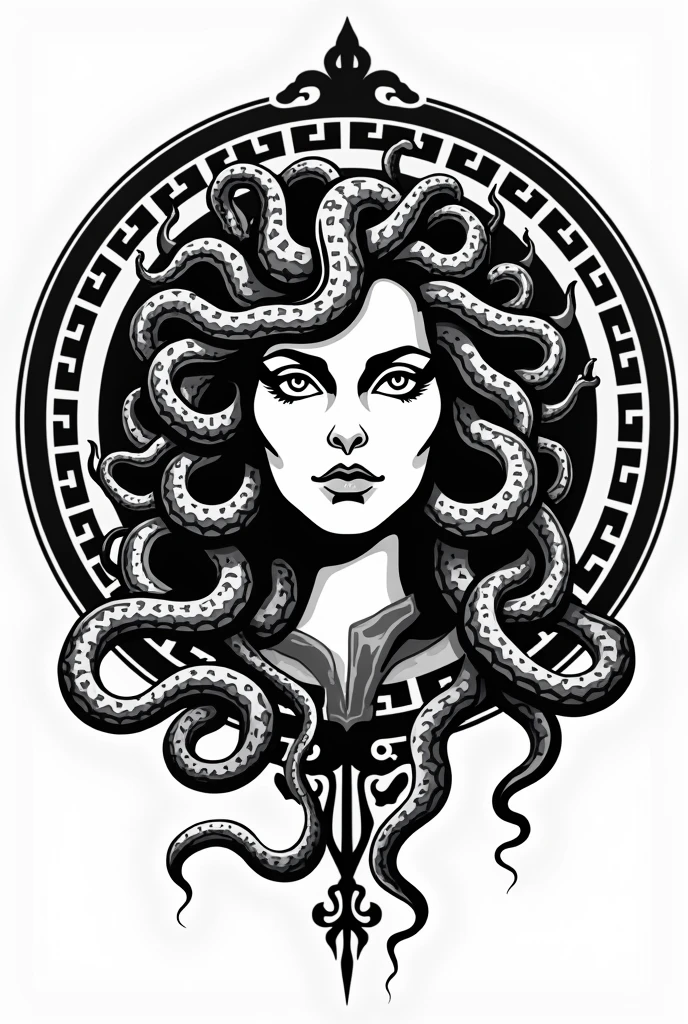 medusa, woman&#39;s head. Vector illustration of female face inside a greece-type circle in black lines with black and white snake head