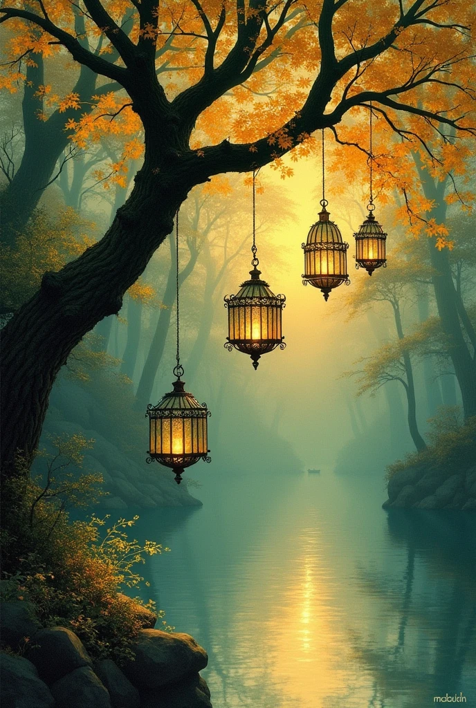 Edmund Dulac Hanging tree with lanterns sunny day water reflections eccentric decore birdcage glas-hangers shimmer easy-on-the-eye organic