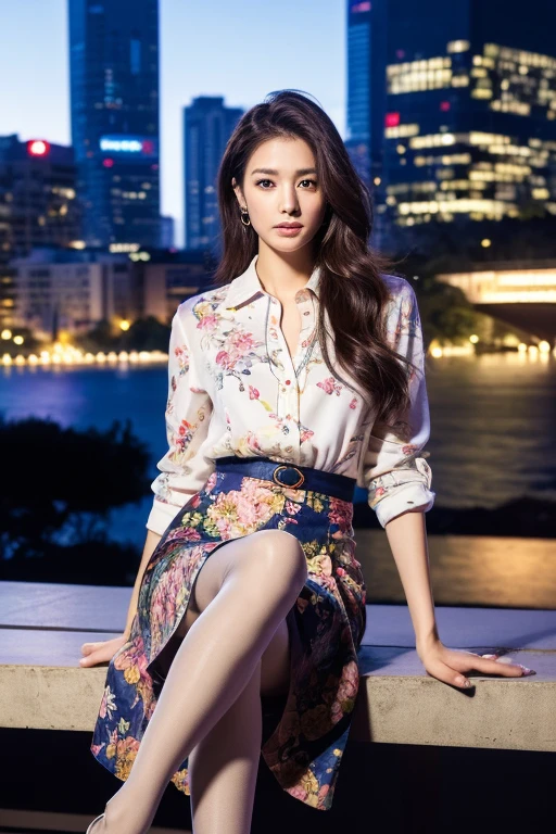 ((Highest quality、Ultra-high resolution、masterpiece、8k))、(Full Body Portrait)、(colorful shirt with collar)、(long skirt with floral pattern:1.3)、((silk pantyhose))、High heels、(Sitting and showing off her beautiful legs)、(1 girl)、Large Breasts、(Delicate face、Detailed eyes and face、double eyelid、Glossy lips)、Moisturized skin、Highly detailed face and skin texture、Two well-balanced legs、((Perfect Anatomy、Anatomically correct))、Modern architecture at night on the background、Professional Lighting
