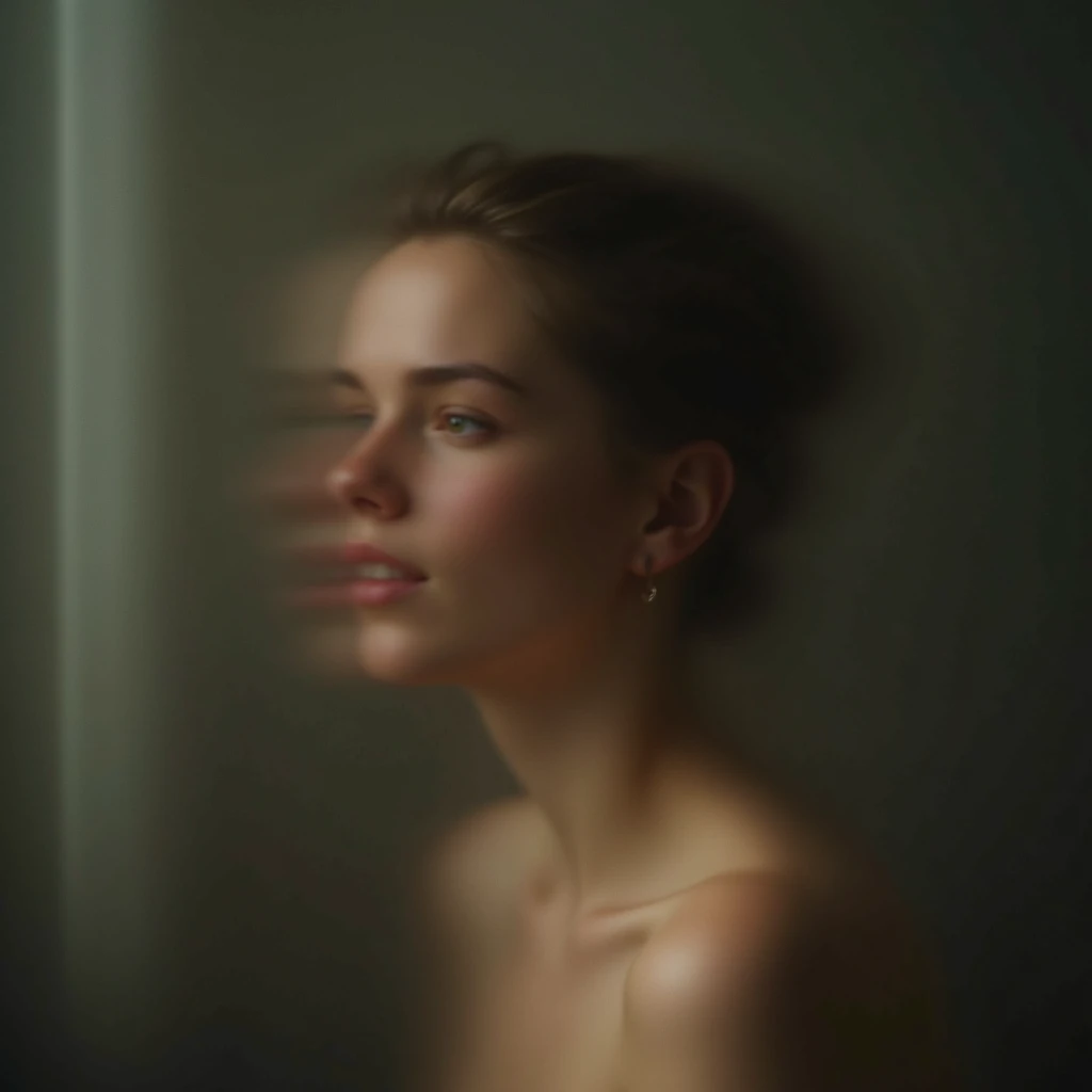 I am the blurred lines of her and of her different faces that exist above her of her different lives only a blurred figure of her naked body is seen and the expression of her face that sees the pain with that light of nostalgia and shadows with volumes , It is hope come true, her entire body is seen in blur, the message I want to convey is that there is tranquility for her. , 24k artwork uses volume in shadows uses the rules of composition uses the rules of cinema uses its colors rule of thirds and all the rules of photography uses the compositions of cinema shadows with volume and uses the latest image creation techniques photoshop rendering