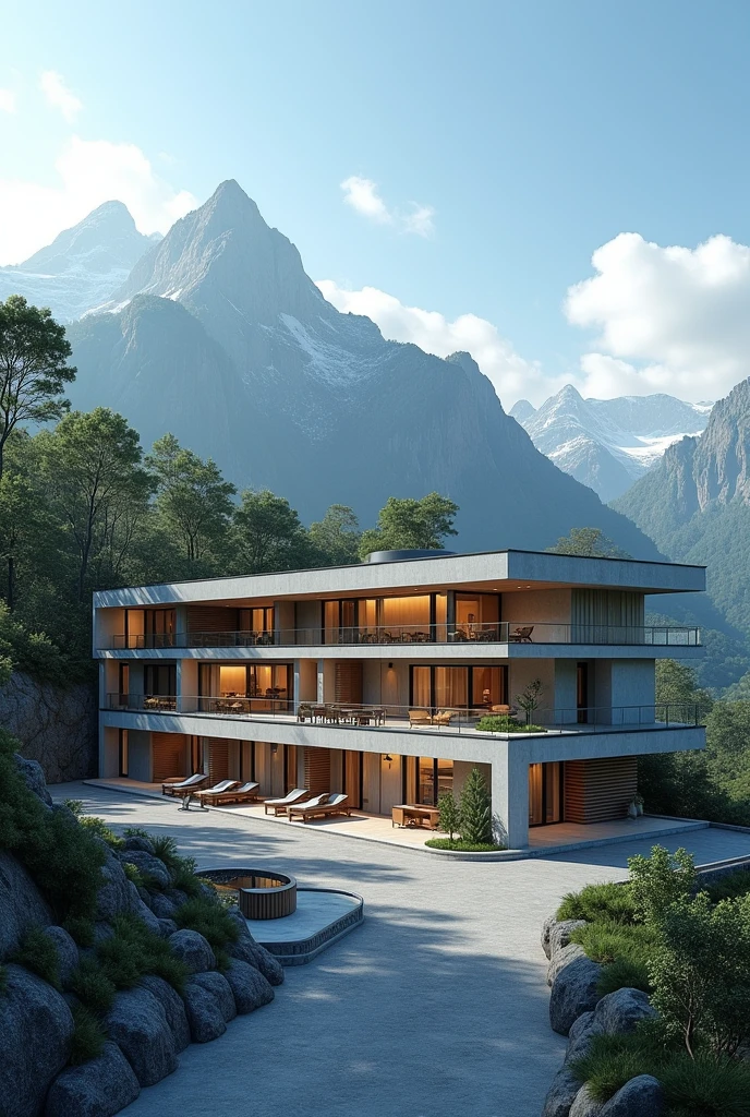 a modern realistic hotel about 30 meters long/Two-story building on top of a mountain with ample parking, a small restaurant on one side and a pool in the back viewing area., But I want to see it from the road side, that is, the reception, the parking lot and all that., without seeing the back