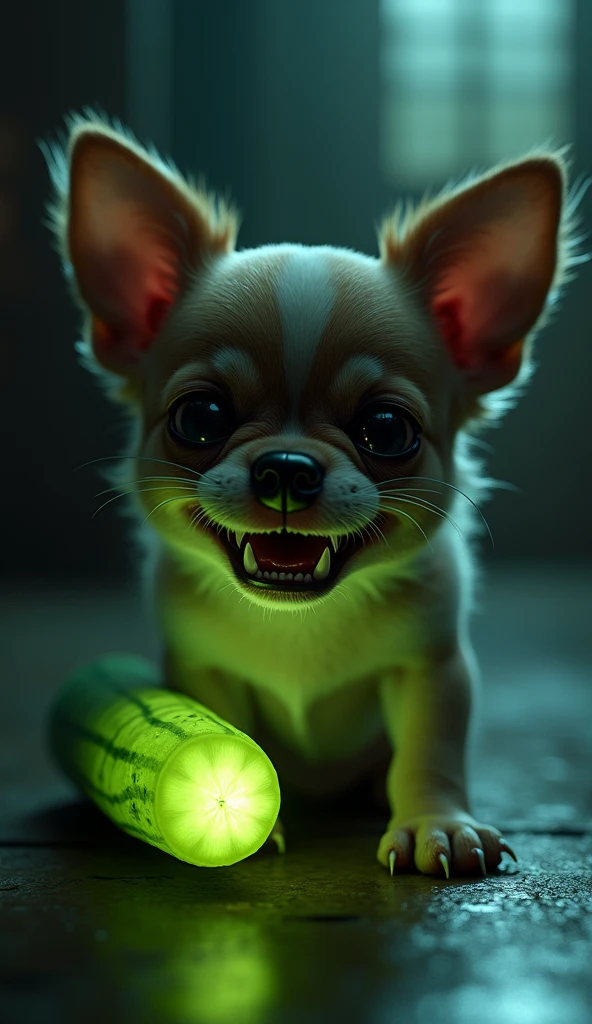 A high-detail, hyper-realistic image of a small Chihuahua with a slightly menacing and tilted smile, showing sharp teeth. The dog has large, glossy eyes with a sparkling gaze. In the background is a dark and somewhat eerie environment, with a glowing cucumber held in one of the dog's two front paws. The scene is set indoors with soft lighting, casting gentle shadows on the Chihuahua's face, creating an atmosphere of instability. The image should be created with extremely high detail, capturing each strand of fur and the structure of the dog's fur. Shot at a tight medium angle with a 70mm lens, front-facing view. HDR, 8K resolution, high contrast lighting. Scene composition style using Unreal Engine.
