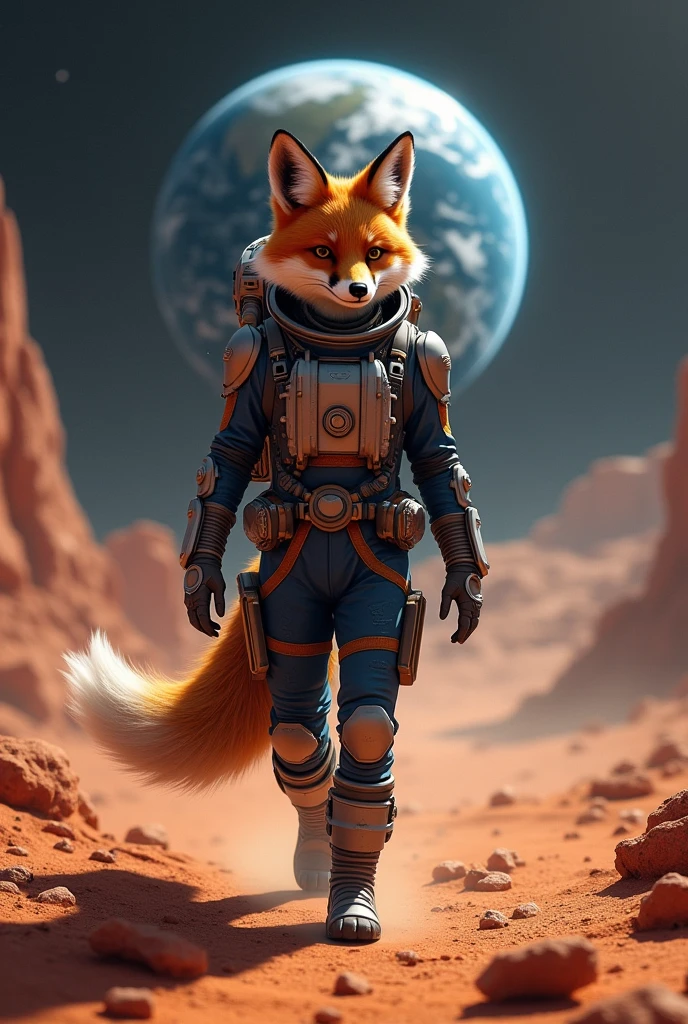 A adult orange and dark blue fox in a spacesuit on mars, with earth in the backround