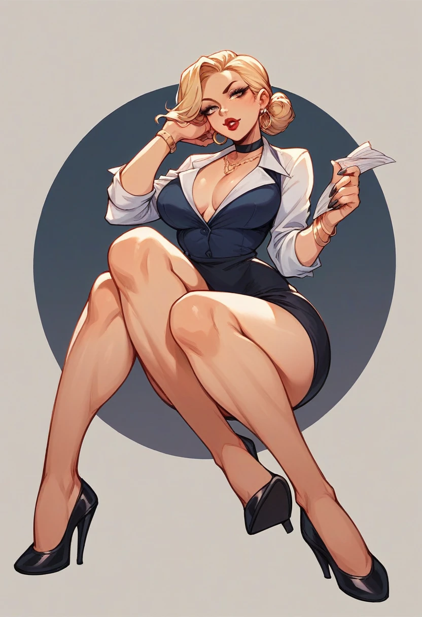 Create image of a girl who had big hips and big boobs, wearing office wear formal dress, black heels, applied red colour lipstick on her lips, showing her sexy poses