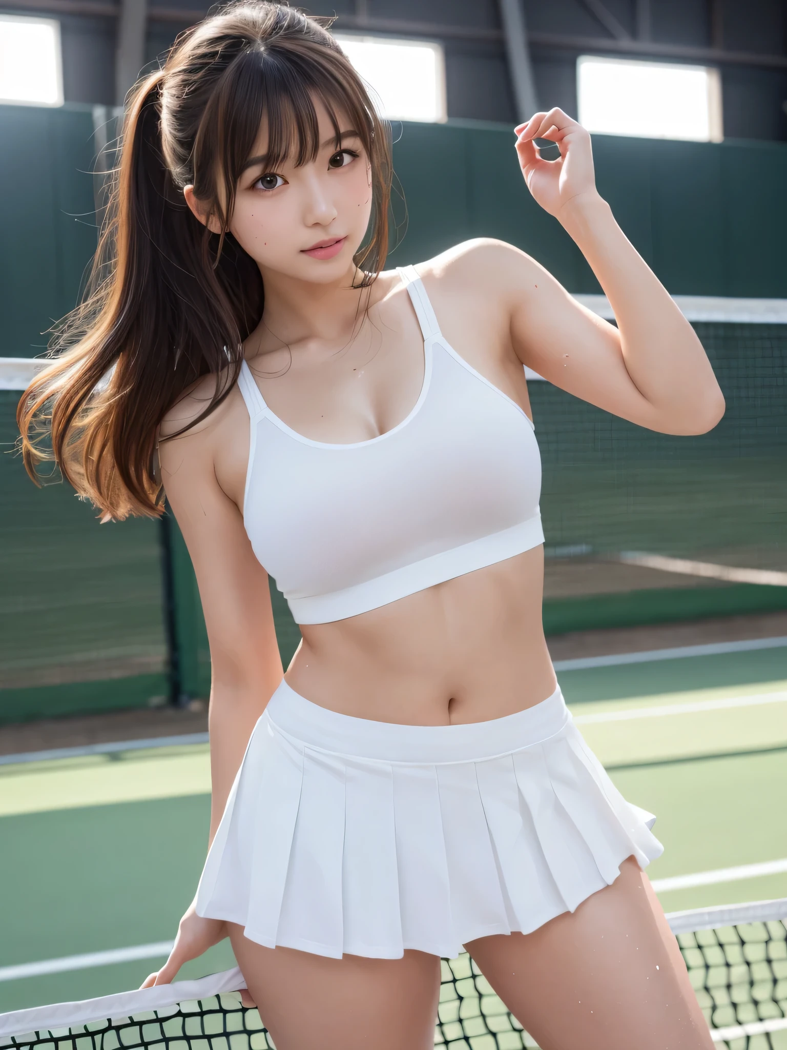 Product quality,1 girl,Cowboy Shot,Front view,Thigh Emphasis,(Knee-deep shots:1.3),Young and sexy Japanese girl,18-year-old,Tennis court,Snazzy,Wearing white tennis wear,Wearing a white super short micro pleated mini skirt,No underwear,((Small Head,face:0.4))Super cute face,&#39;s face,Glossy Lips,Double eyelids on both eyes,(Natural Makeup),Small and cute nose,shiny smooth light brown hair with long hair,,Asymmetrical bangs,Center image,8k resolution,Attention to detail,Detailed hairstyle,detailed face,Cinema Lighting,Octane Rendering,ultra-realistic,Perfect limbs,Voluptuous thighs,Huge breasts, Soft Skin,(Glowing Skin, Sweaty: 1.3),Perfect Anatomy,
