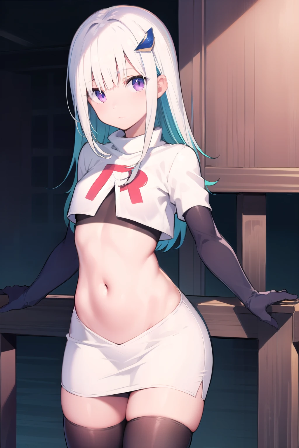 lizehelesta, lize helesta, blue hair, blunt bangs, colored inner hair, hair flaps, hair ornament, long hair, multicolored hair, (purple eyes:1.1), sidelocks, two-tone hair, white hair, (small breast:1.2),
BREAK virtual youtuber, team rocket,team rocket uniform,white skirt,red letter R,crop top,black thigh-highs,black elbow gloves,
BREAK looking at viewer,
BREAK outdoors,
BREAK (masterpiece:1.2), best quality, high resolution, unity 8k wallpaper, (illustration:0.8), (beautiful detailed eyes:1.6), extremely detailed face, perfect lighting, extremely detailed CG, (perfect hands, perfect anatomy),