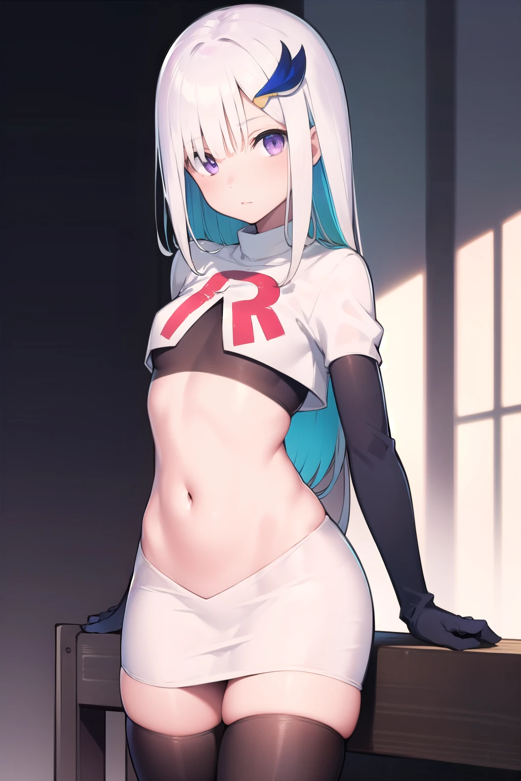 lizehelesta, lize helesta, blue hair, blunt bangs, colored inner hair, hair flaps, hair ornament, long hair, multicolored hair, (purple eyes:1.1), sidelocks, two-tone hair, white hair, (small breast:1.2),
BREAK virtual youtuber, team rocket,team rocket uniform,white skirt,red letter R,crop top,black thigh-highs,black elbow gloves,
BREAK looking at viewer,
BREAK outdoors,
BREAK (masterpiece:1.2), best quality, high resolution, unity 8k wallpaper, (illustration:0.8), (beautiful detailed eyes:1.6), extremely detailed face, perfect lighting, extremely detailed CG, (perfect hands, perfect anatomy),