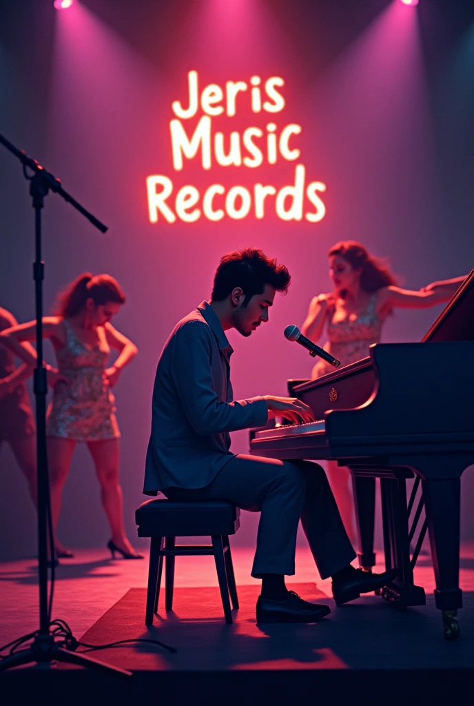 A jazz pianist performing at stage in a dark room..and there is writing ''JerisMusicRecords"..image is in cartoon  but lalaland movie style ..also a musical is happening same time..there is dancers in there