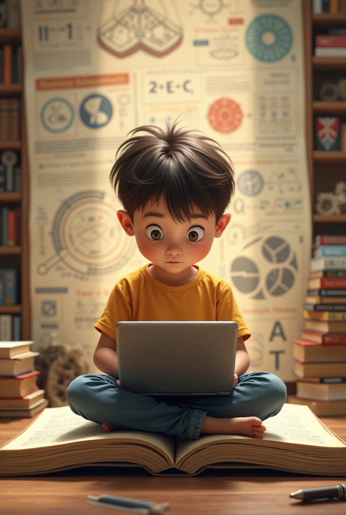 Make image a boy sitting on book with laptop and in background lot of diagram