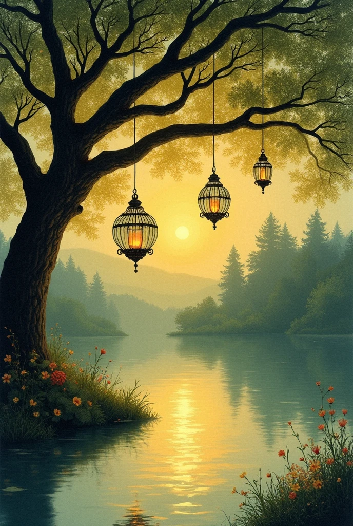 Edmund Dulac Hanging tree illustration with lanterns sunny day water reflections eccentric decore birdcage glas-hangers shimmer easy-on-the-eye organic