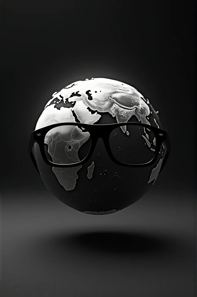 Planet Earth with glasses or big black glasses floating in space can not have extremities,nose, mouth, that is, without human characteristics, the image must be black and white and must be from a Japanese anime, manga or animated cartoon in 3D and realistic