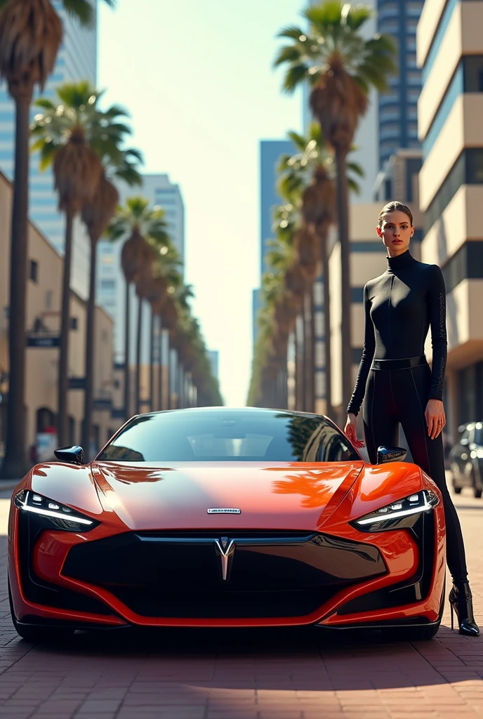 Create a luxury Astrazon car and a model wearing Astrazon clothing in the city of Los Angeles
