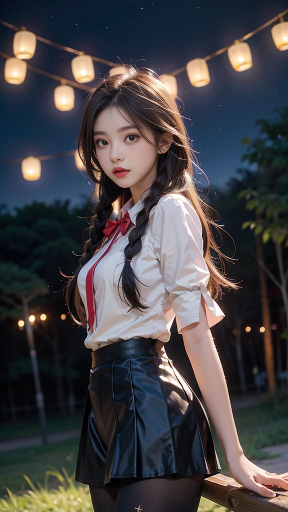 ulzzang-6500-v1.1, (RAW photo: 1.2), (Real photo), (Real photo: 1.4), 1 girl、Perfect anatomy、19 years old、Looking at the camera、Medium length hair、side braids, uniform short skirt, in a surreal royal garden, with many hanging lanterns, under the starry night sky, ((starry night: 1.1))、(Surreal tights: 1.2), (Business service)、Asian eyes Ella,