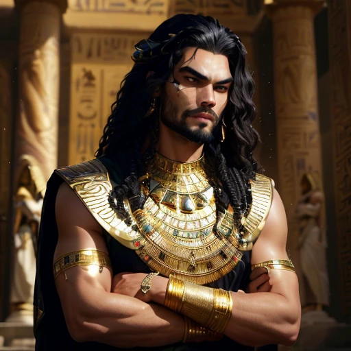 Arafid man with a gold collar and a black dress, jason momoa, like an Assyrian, brown skin man Egyptian prince, the Egyptian god, Egyptian god, Egyptian, Pharaoh, Egyptian warrior, Pharaoh, Apophis, Egyptian God, Pharaoh clothes, wearing an Egyptian crown, handsome prince of persia, Prince of Egypt, storm Egyptian god