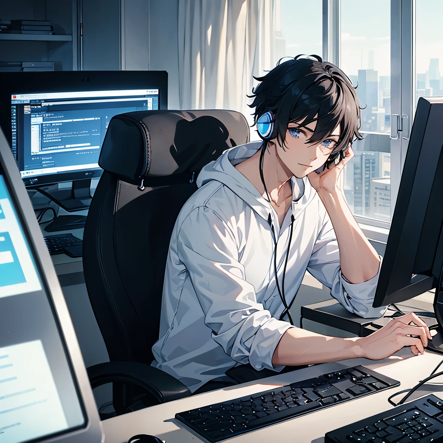 Handsome male anime character with black short hair and blue eyes listening to music with headphones and coding on 3 computers with a city view behind him
