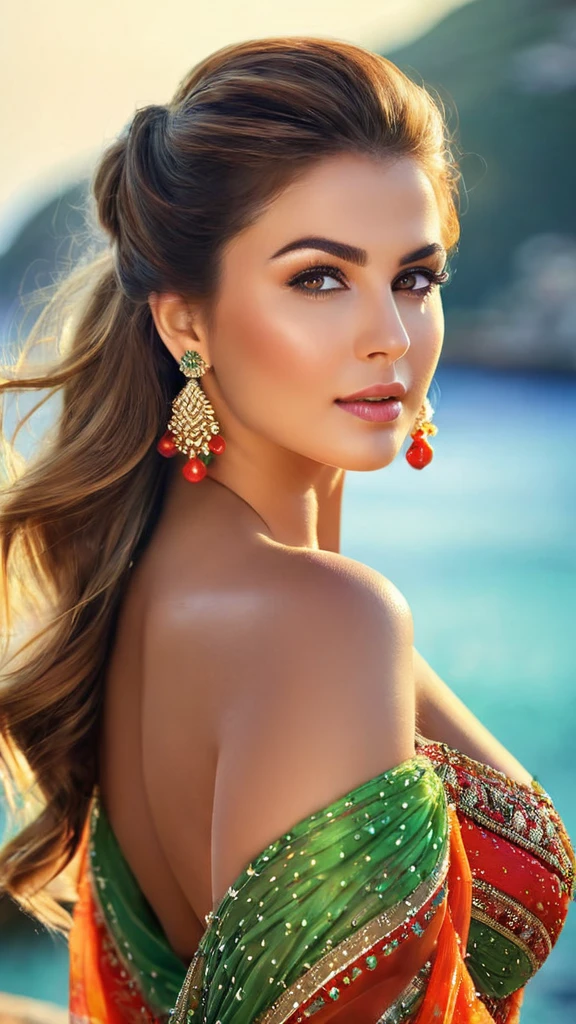 (Half Body woman)perfect eyes, fantastic face, Turkish, beautiful look MiddleEastern Girl, ((light lips, bright eyes, curve heir 1.5)), (((beautiful details very huge breast ))), (Straight round and ultra huge clevage breast), A glorious gorgeous, glorious gorgeous face, pretty face, bright eyes, (detailed different Colourful elegant Gown with Designs with Voile, Textile multi Colors), updo elegant hair, blurred gray tones background, ultra focus, face ilumined, face detailed, 8k resolution, painted, dry brush, brush strokes, razumov style and garmash style, by Tokaito, (fluorescent colours:1.4),(semi transparent:1.4),(retro filters:1.4),(fanciful:1.4), Soft Fluffy Soft Landscape Light Soft Whimsical Light Hvar Island Background Ultra Realistic Ultra High Quality Cinematic Lighting Huge Details Full HD Painting Plenty of light,diagonal bangs, Bright Colors Gown,side masterpiece, best qualityer,realskin,(sportrait:1.5), 1girll, bluntbangs, (long wavy hair), ((((Hvar Island Background Behind her)))), (((Big Body Shape With Wide Sexy Hips))), ((((Portrait Photo)))) (((Sexy Pose))), (((Huge Boobs and Butt)))