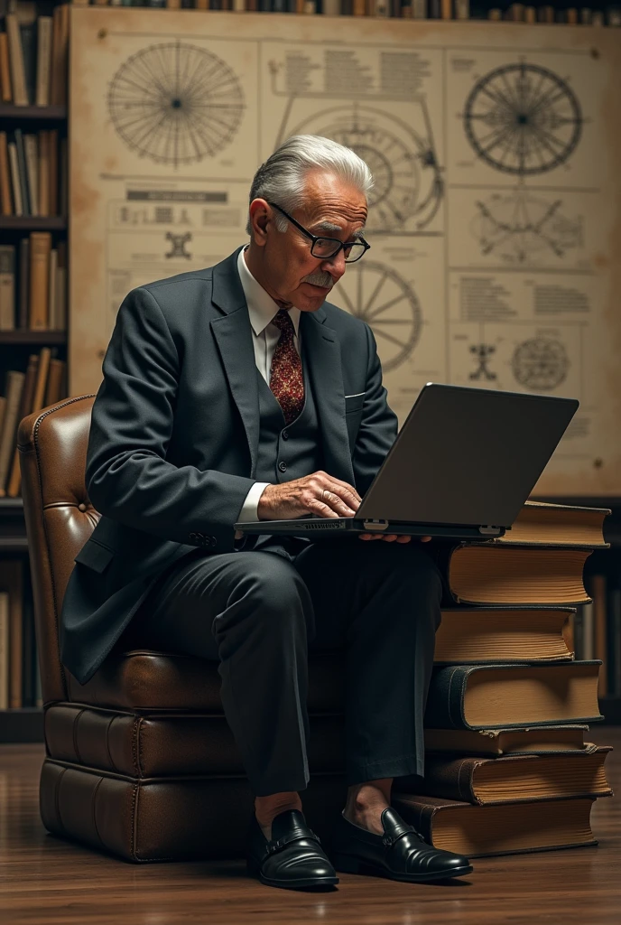 Make image a mature man sitting on book with laptop and in background lot of diagram