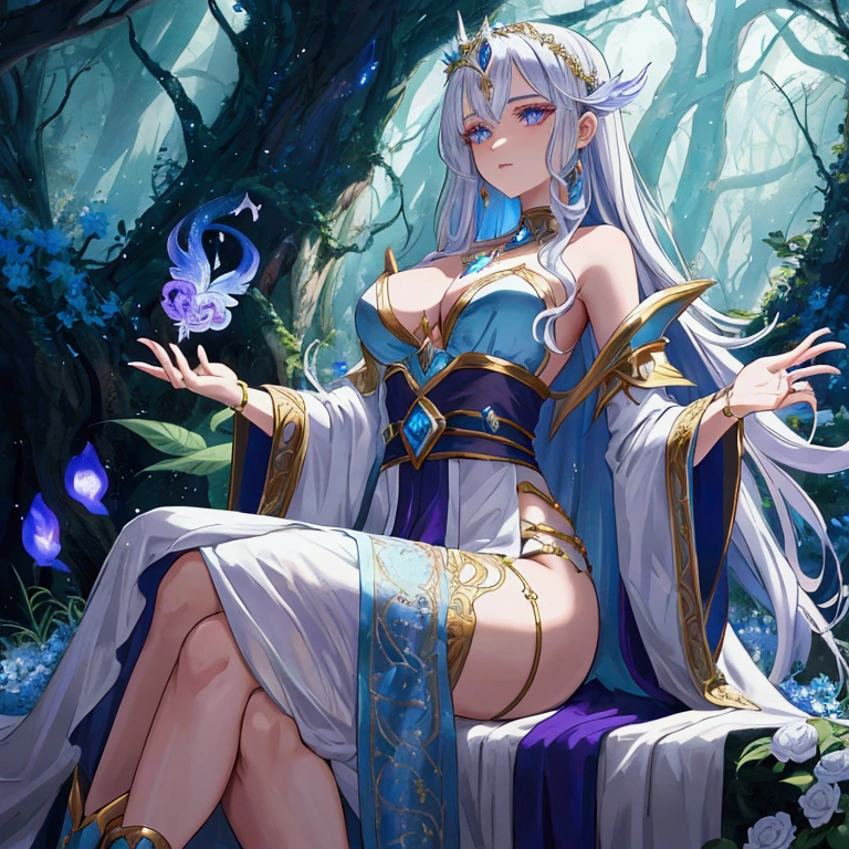 Full-body, 18-year-old sorceress, silver wavy hair, bright blue eyes, slender build, purple and white robe, silver embroidery, magical tools belt, elegant boots, mystical forest background, glowing magical aura, anime, detailed face.