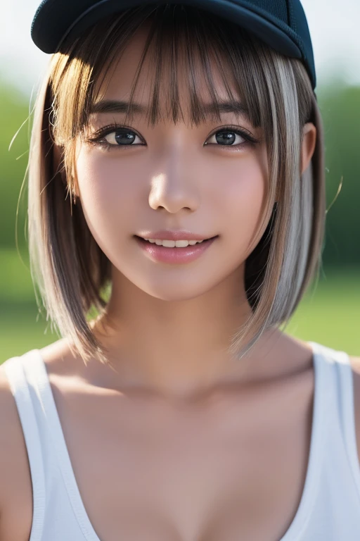 ((masterpiece, Highest quality, High resolution)), 1 Japanese girl, (Realistic: 1.4), Great face, A captivating smile、15 years old, Glossy lips、Lips with lip gloss、Silver Hair、short hair, Silver Hair、(Beautiful Hair:1.5),Baseball cap、White tank top、Large Breasts、Cleavage、mini skirt、at the park、Facing forward、Highly detailed CG composite 8K wallpaper, High resolutionのRAWカラー写真, Professional photography, Light, BackLight, dream-like, impressive, Written boundary depth, (Face close-up:1.3)