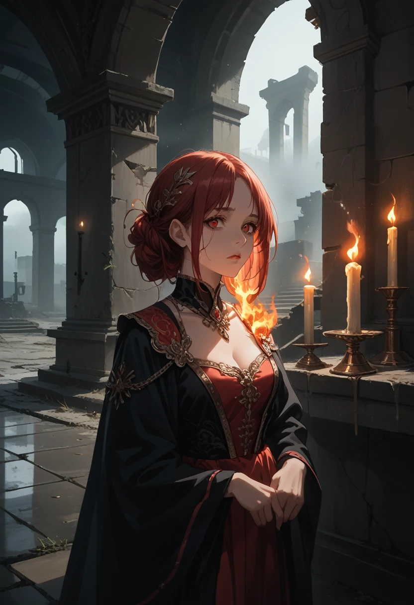 cinematic film still,score_9,score_8_up,score_7_up,masterpiece,best quality,8k,source_cartoon,source_アニメ, girl alone, in the middle of ruins, Damn Circle, dark colors, gloomy atmosphere, Candles are burning, The circle of bright red color shines, full detailed, Shrouded in fog, a mystic, The girl is beautiful and captures the viewer&#39;s gaze, The picture seems unimaginable