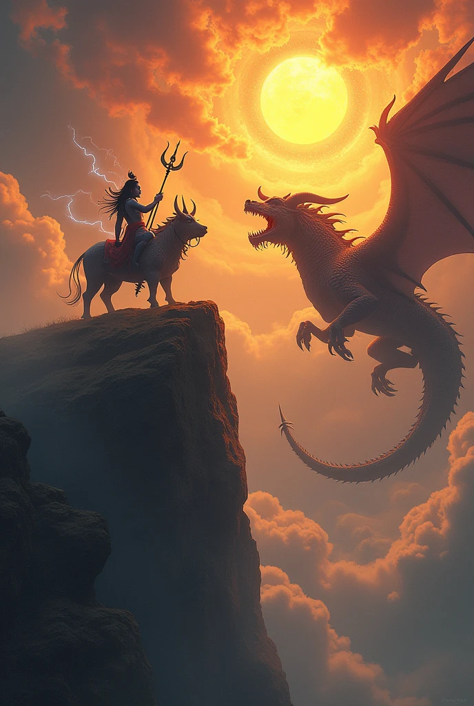 Four hand Lord siva sitting on a bull , , most powerful Trident in his right hand, damru on his left hand,stand on a mountain clif looking at the five head dragon with very rage , the sun high in the sky ,but a vey big fivehead dragon going to eat the sun , thunder touching the Trident, deep black cloud, cosmic rays on his head