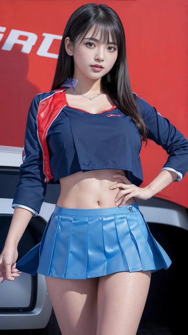 (masterpiece), (Racing Girls), Black Hair, A faint smile, Highly detailed eyes and face, Jet Black Hair、Straight Hair、beautifully繊細な目, ((big breast:1.2)), (Highest quality, High resolution, reality, original, 8k,masterpiece, ),(((Dynamic pose))),(((Blue miniskirt lift))),(((Bare inner thighs))),(Vibrant colors:1.2), (beautifully),((circuitの景色))、sunny、blue sky、circuit、((Stand in front of a racing car))、((Butt thrusting pose))、(((Back view:1.2)))、((from below:1.4))、Healthy Thighs、((Strong winds:1.2))、((Strong windsでスカートが大きくめくれる:1.4))