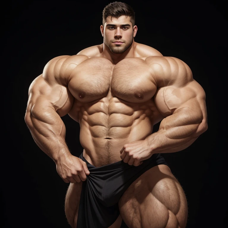 a very handsome young man without clothes, exaggeratedly muscular, exaggeratedly huge muscles, exaggeratedly huge biceps, exaggeratedly huge arms, on a black background
