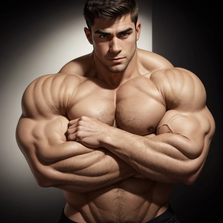 a very handsome young man without clothes, exaggeratedly muscular, exaggeratedly huge muscles, exaggeratedly huge biceps, exaggeratedly huge arms, on a black background