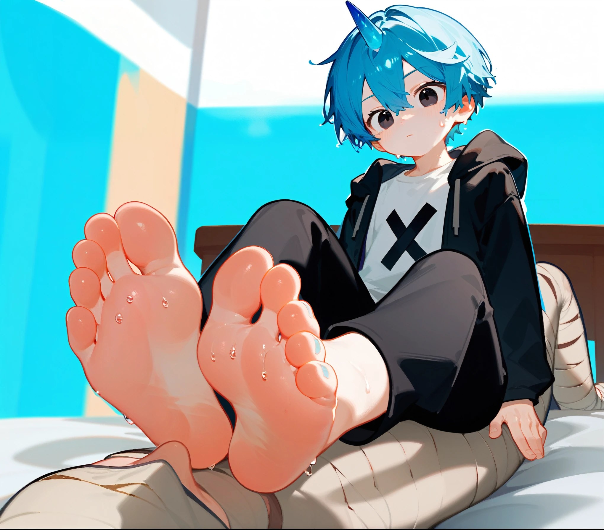 wallpaper,A cute boy sitting on a mummy showing his feet，barefoot，The boy has short blue hair and black eyes，There is a blue horn on the head，black eyes，White T-shirt，Black jacket and black pants，best quality, Very detailed, masterpiece, Extremely detailed, illustration,Foot Focus，Sweating on the soles of the feet，Water dripping from the soles of feet，Good feet，Detailed background，Confused expression，Steam around feet，The mummy has a head，The mummy has a nose on his head