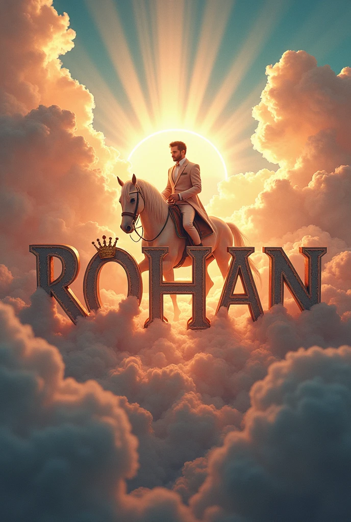A very beautifully decorated name ROHAN with a crown surrounded by clouds in bright light and a very beautiful man sitting on a beautiful horse