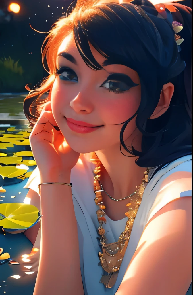 Superb Quality, Masterpiece, High Resolution, 1Girl, Blush, (Seductive Smile: 0.8), Star Pupil, Hair Accessories, Necklace, Jewelry, Beauty, on_body, Tyndall Effect, Realism, Lotus Pond, Light Edge, Two-tone Lighting, (High Detail Skin: 1.2), 8K UHD, DSLR, Soft Light, High Quality, Volume Lighting, Candid Photo, High Resolution, 4K, 8K, Background Bokeh